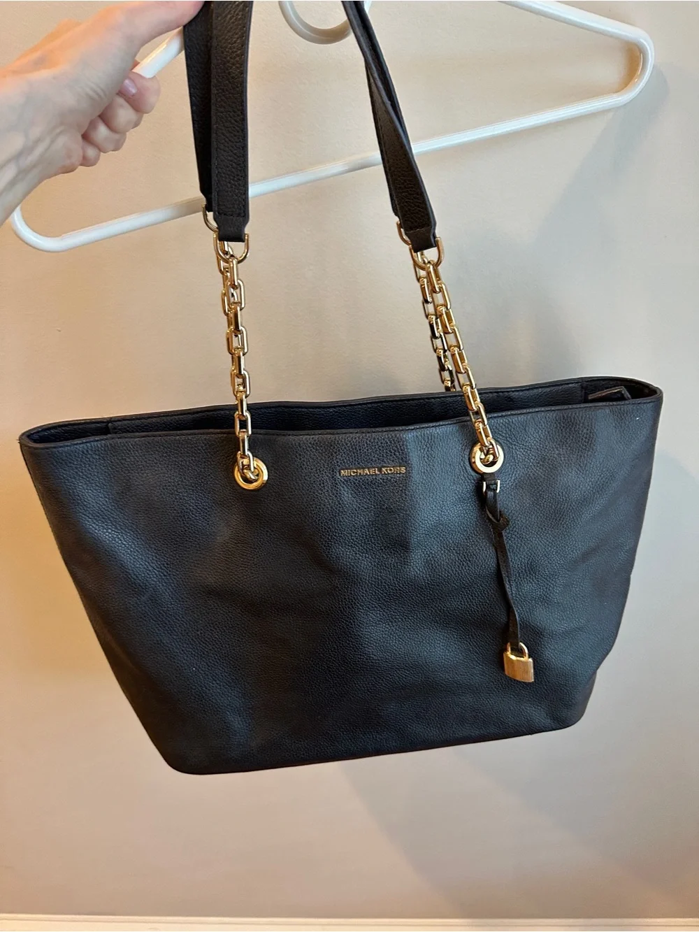 Michael Kors Black Pebble Leather Mercer / Kimberly Tote Bag with Gold Chain